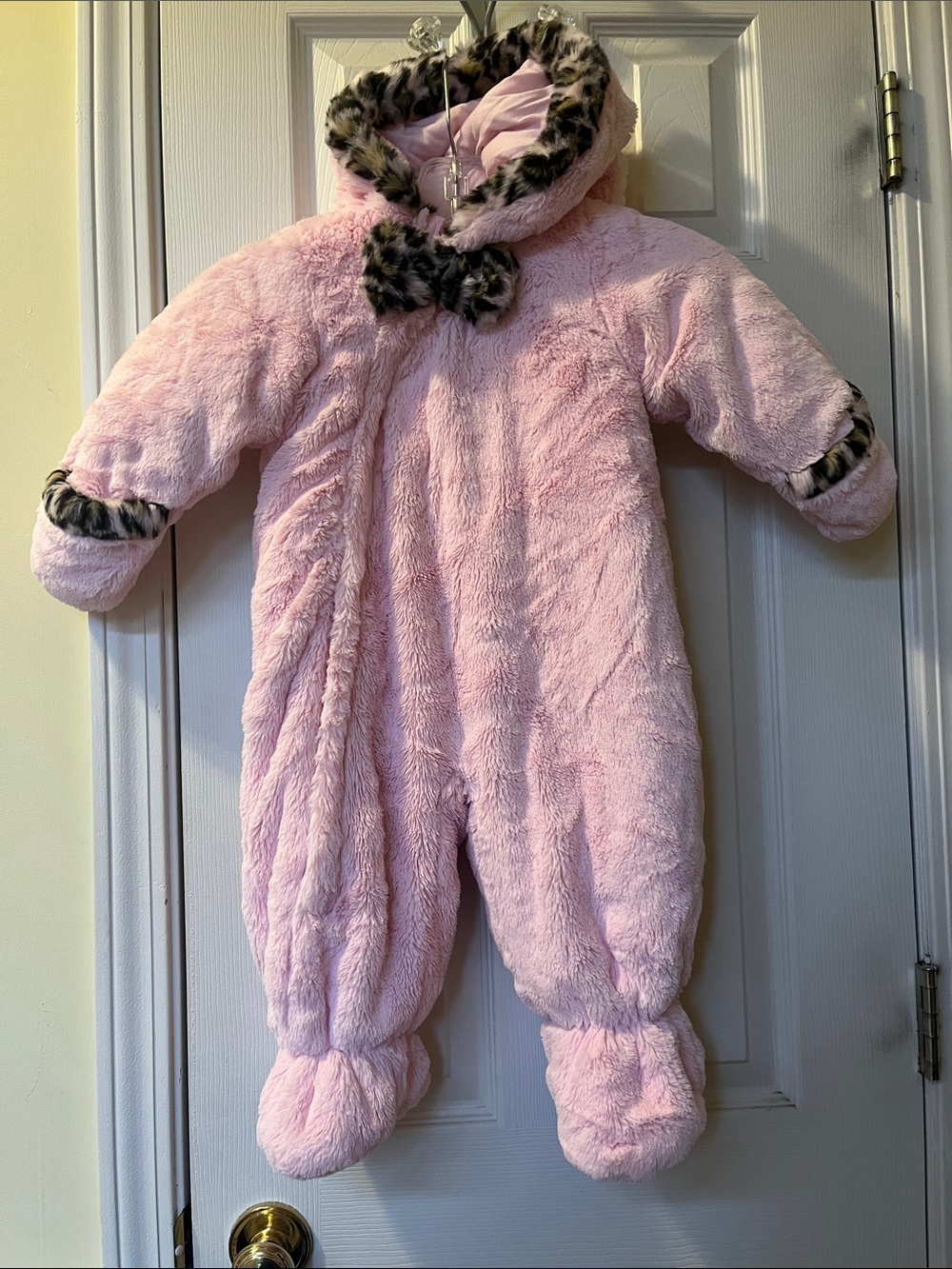Rothschild Plush Pink Fleece Hooded One-Piece with Leopard Trim - 12 months